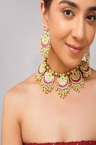 Gold plated kundan pink stone necklace set