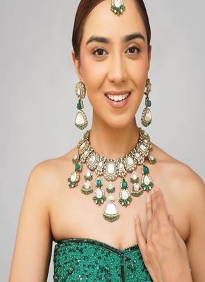 Gold plated kundan green stone necklace set 1