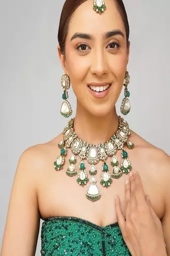 Gold plated kundan green stone necklace set
