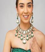 Gold plated kundan green stone necklace set