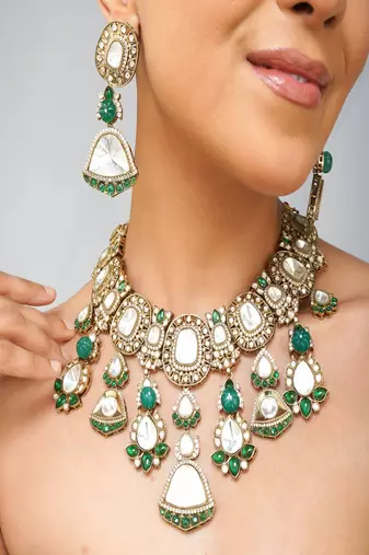 Gold plated kundan green stone necklace set