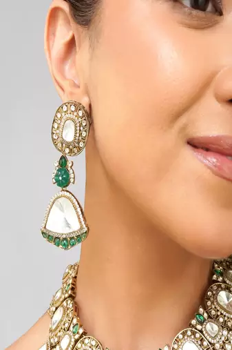 Gold plated kundan green stone necklace set