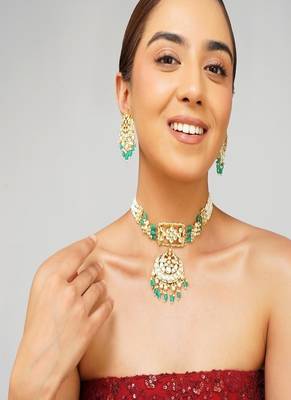 Gold plated kundan green stone necklace set 1