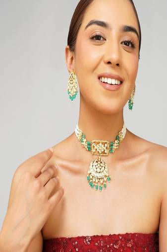Gold plated kundan green stone necklace set
