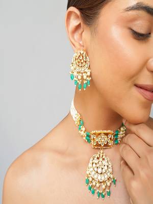 Gold plated kundan green stone necklace set 2