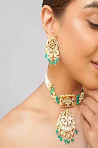 Gold plated kundan green stone necklace set
