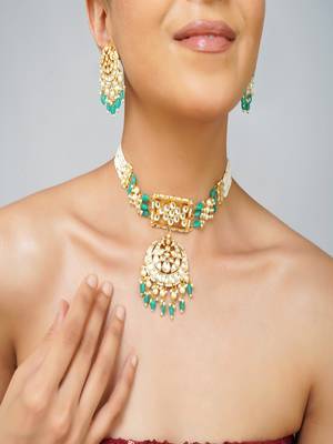 Gold plated kundan green stone necklace set 3