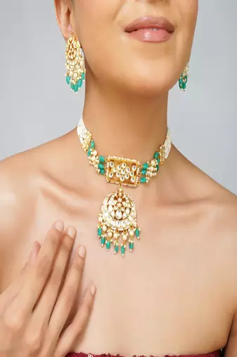 Gold plated kundan green stone necklace set