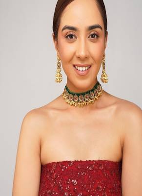 Gold plated kundan green stone choker necklace set 1