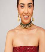 Gold plated kundan green stone choker necklace set