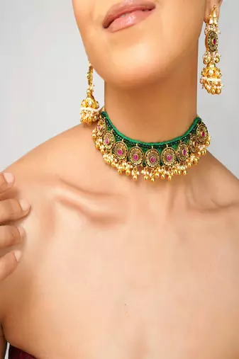 Gold plated kundan green stone choker necklace set