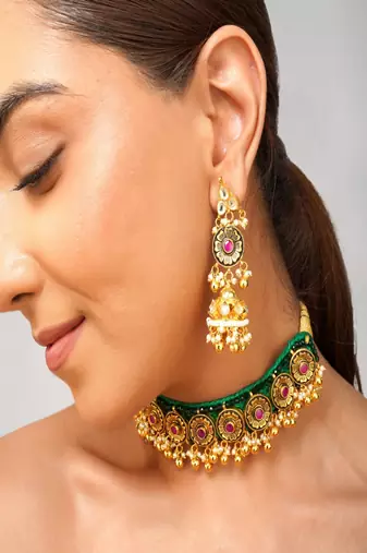 Gold plated kundan green stone choker necklace set