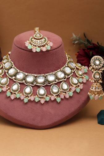 Pista green & pink color kundan necklace set