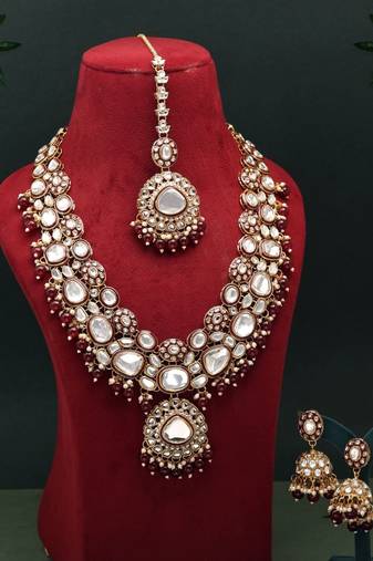 Maroon color meena work kundan necklace set