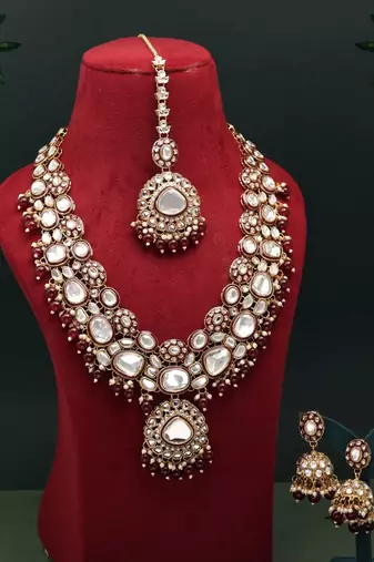 Maroon color meena work kundan necklace set