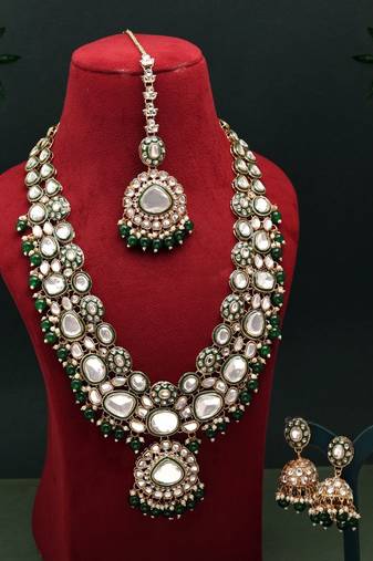 Green color meena work kundan necklace set