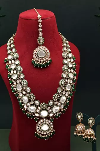 Green color meena work kundan necklace set