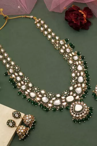 Green color meena work kundan necklace set