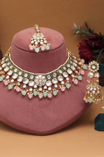 Pista green & pink color meena work kundan necklace set