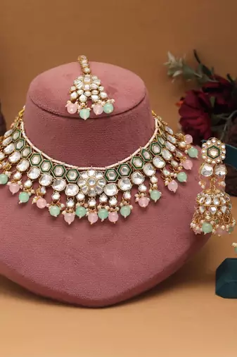 Pista green & pink color meena work kundan necklace set