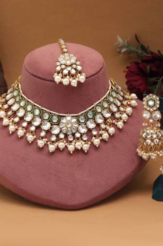 White color meena work kundan necklace set