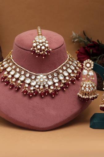 Maroon color meena work kundan necklace set