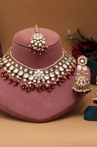 Maroon color meena work kundan necklace set