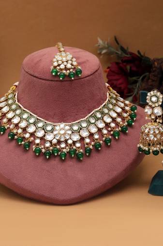 Green color meena work kundan necklace set