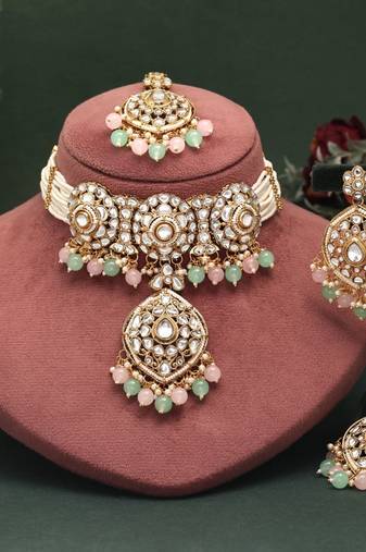 Pista green & pink color choker kundan necklace set