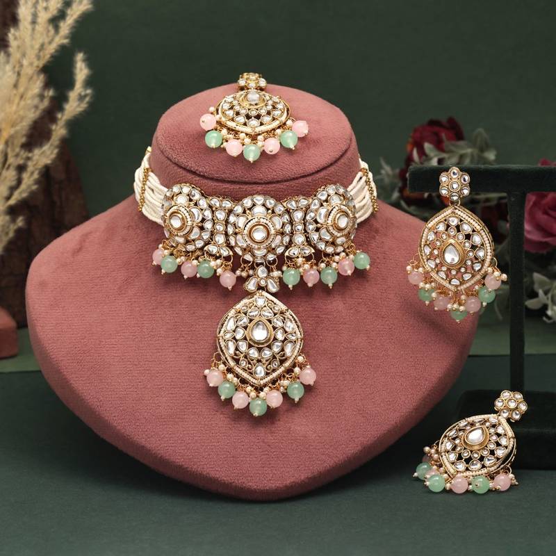 Pista green & pink color choker kundan necklace set