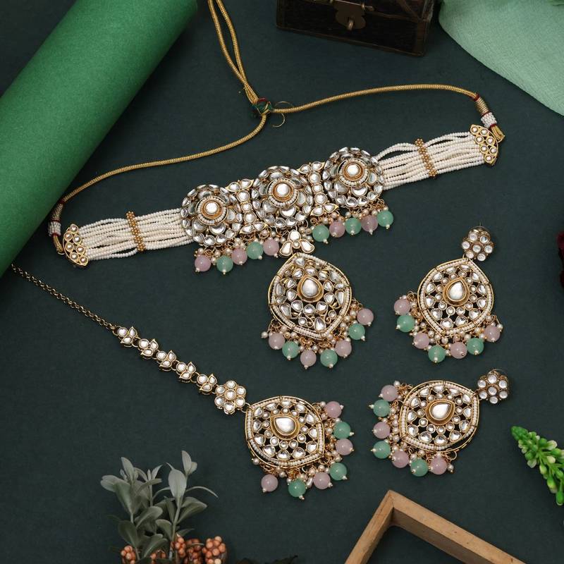 Pista green & pink color choker kundan necklace set