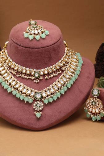 Pista green color meena work kundan necklace set