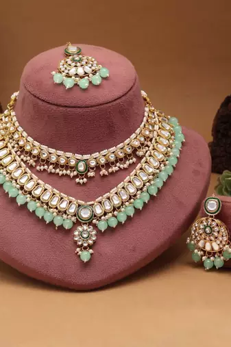 Pista green color meena work kundan necklace set