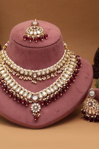 Maroon color meena work kundan necklace set