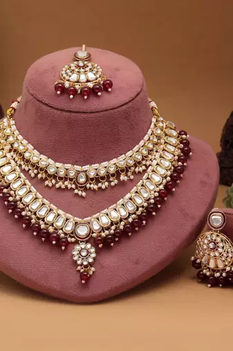 Maroon color meena work kundan necklace set