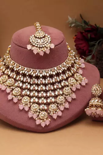 Pink color kundan necklace set