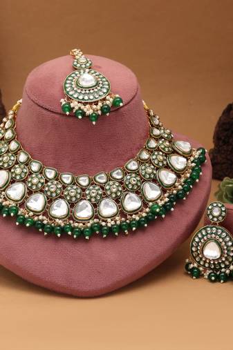 Green color meena work kundan necklace set