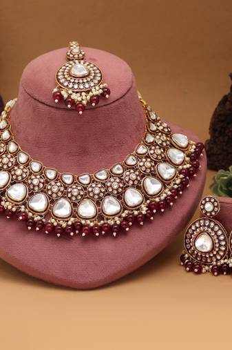 Maroon color meena work kundan necklace set