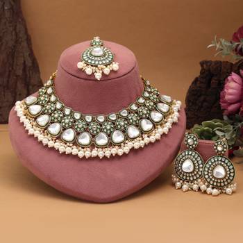 White color meena work kundan necklace set 1