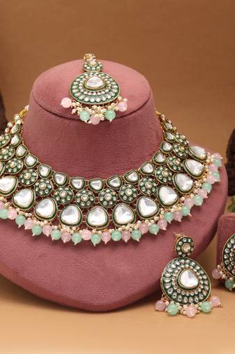 Pista green & pink color meena work kundan necklace set