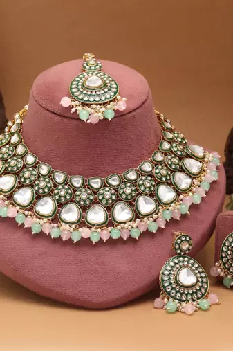 Pista green & pink color meena work kundan necklace set
