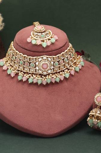 Pista green & pink color kundan necklace set