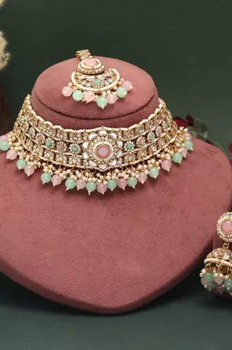 Pista green & pink color kundan necklace set