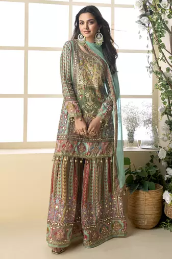See green crepe silk digital with aari work Palazzo suit