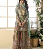 See green crepe silk digital with aari work Palazzo suit