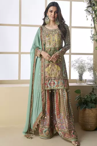 See green crepe silk digital with aari work Palazzo suit