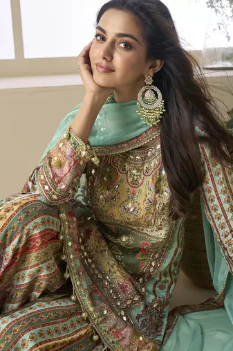 See green crepe silk digital with aari work Palazzo suit