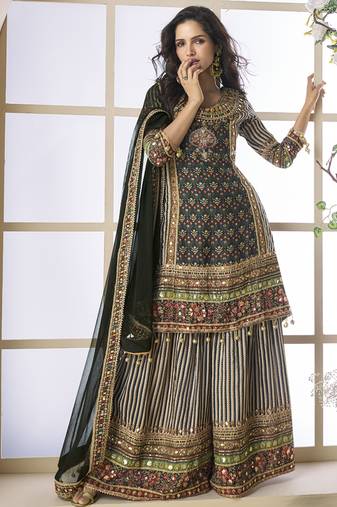 Black crepe silk digital with aari work plazzo suit