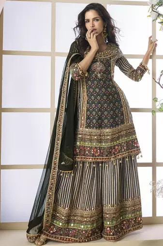 Black crepe silk digital with aari work plazzo suit