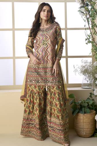Beige crepe silk digital with aari work Palazzo suit